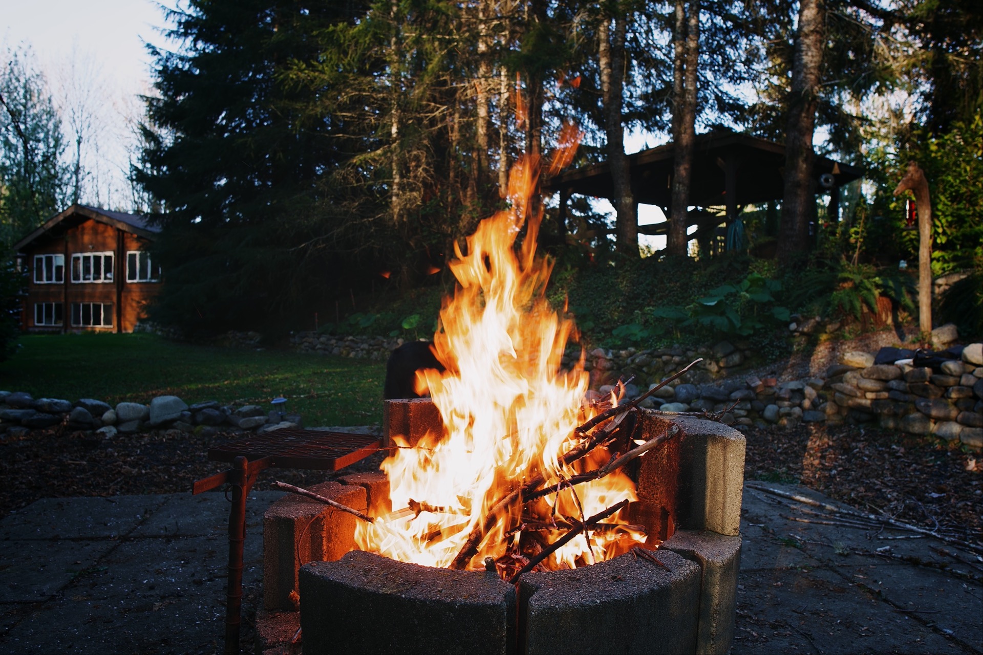 Fire pit at Riverdaughter Acres with the cabin and pergola among the trees at dusk